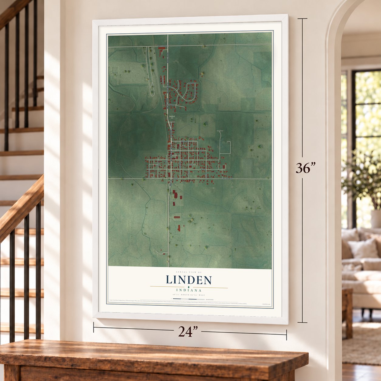 Linden, Indiana map, 24 x 36 inch print in a white frame by a staircase