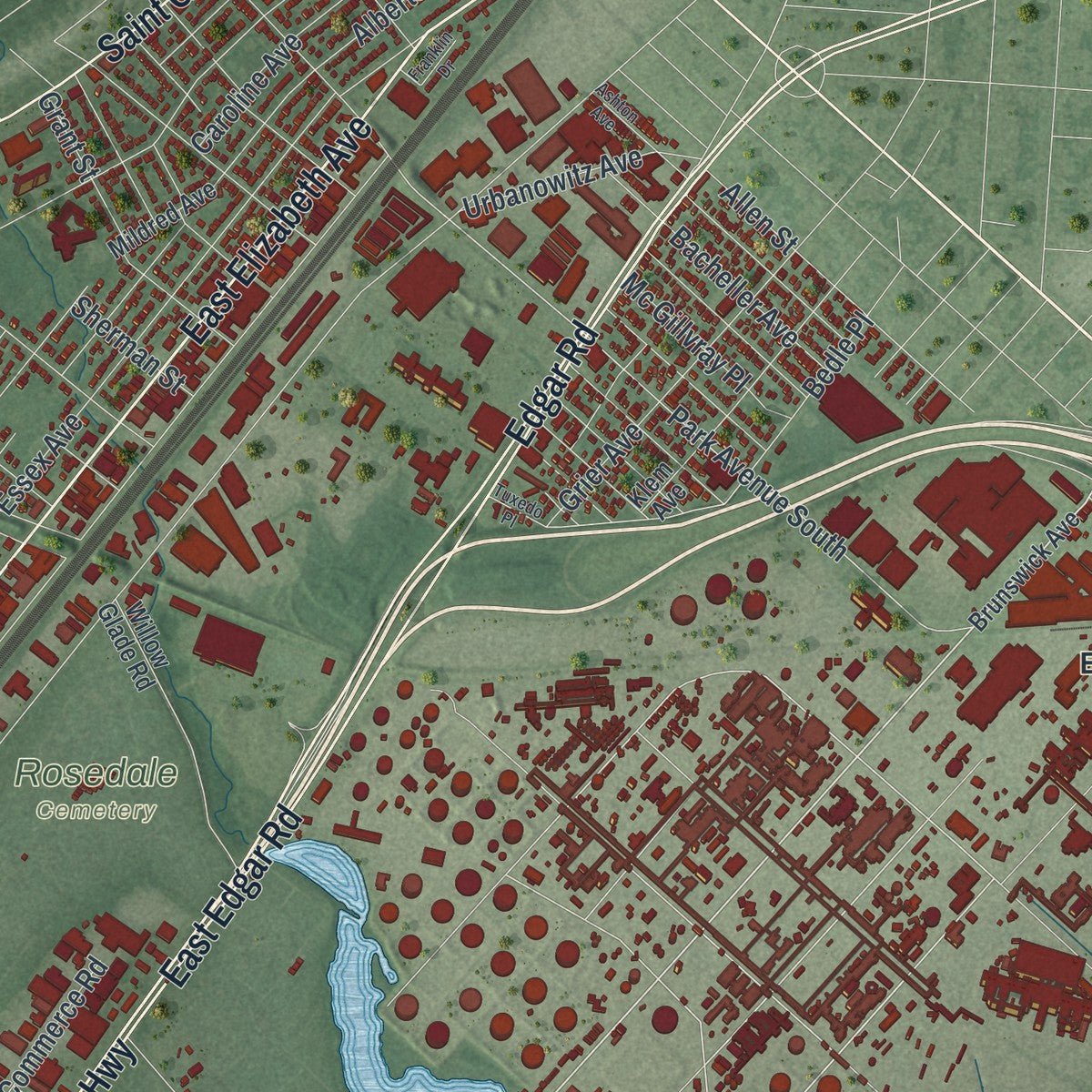 Second close-up of the map of Linden, New Jersey print showing more streets and buildings
