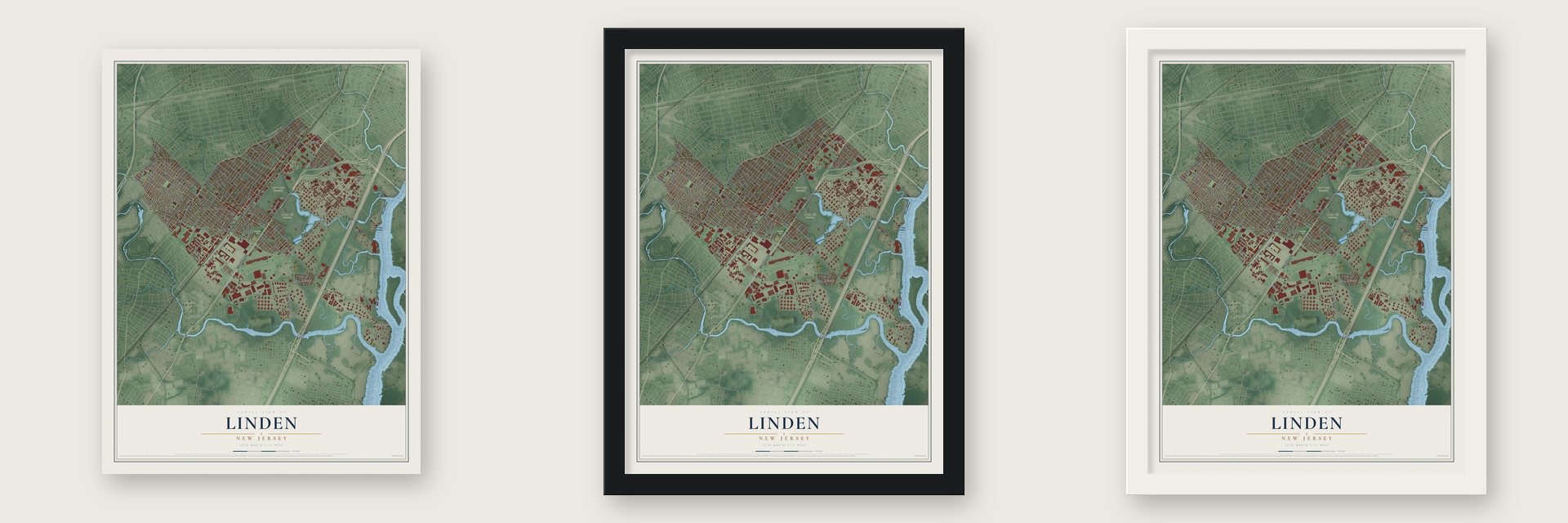 Linden, New Jersey map unframed, in a black wood frame and in a white wood frame