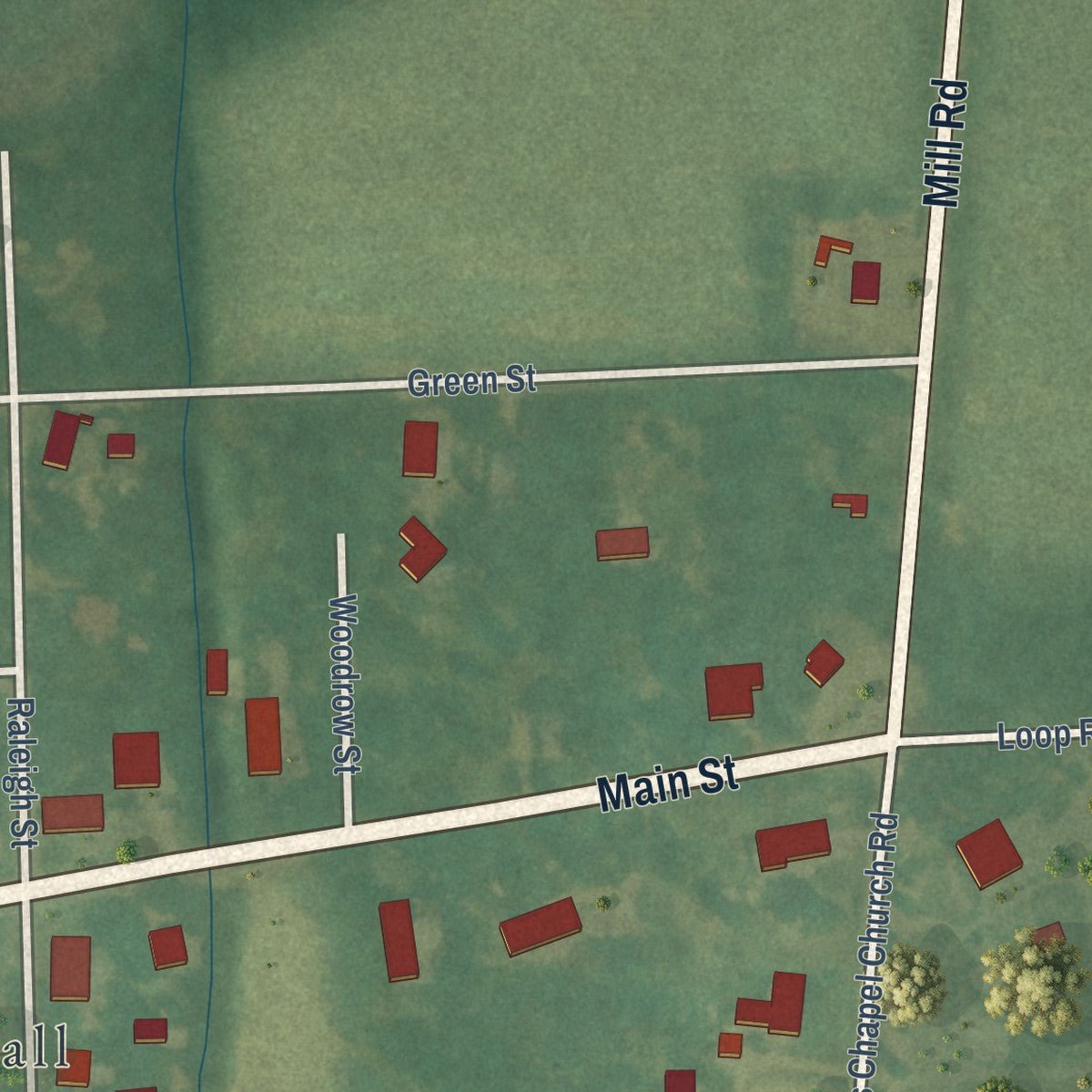 Second close-up of the map of Linden, North Carolina print showing more streets and buildings