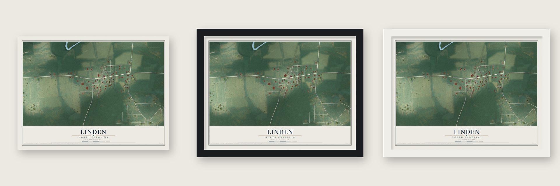 Linden, North Carolina map unframed, in a black wood frame and in a white wood frame