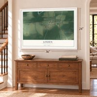 Linden, North Carolina map, 24 x 36 inch print in a white frame above a dresser by a staircase