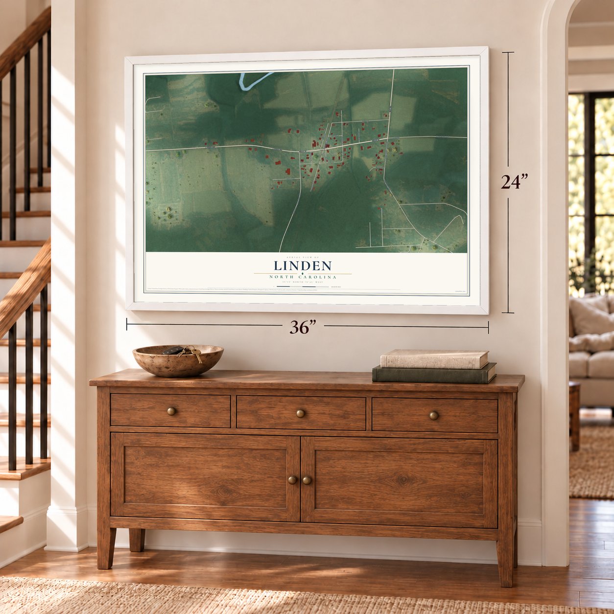 Linden, North Carolina map, 24 x 36 inch print in a white frame above a dresser by a staircase