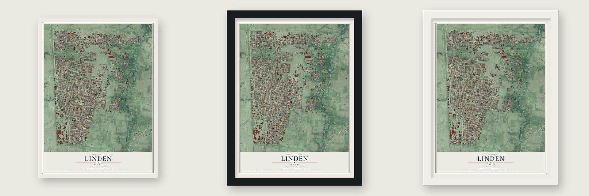 Linden, Ohio map unframed, in a black wood frame and in a white wood frame