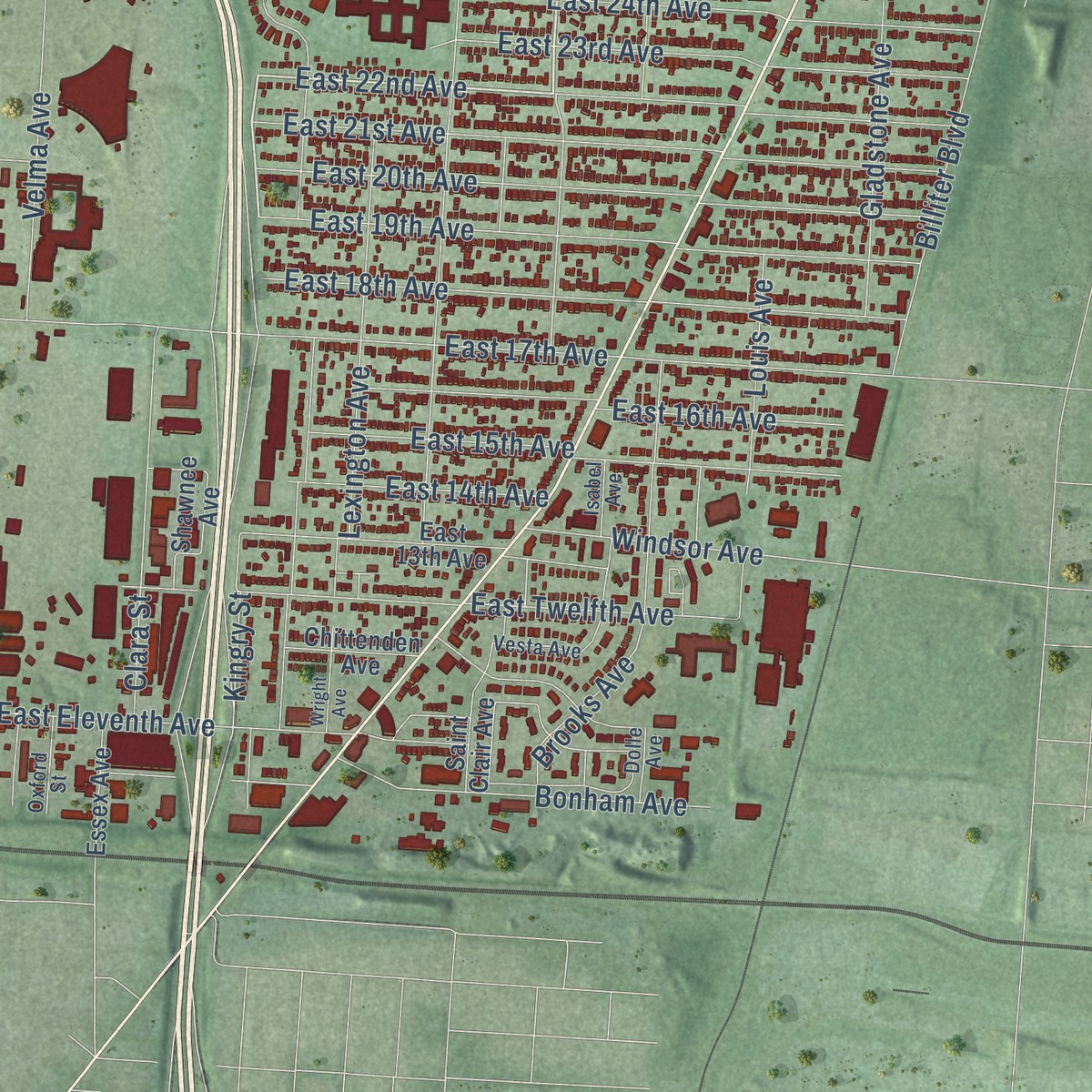Second close-up of the map of Linden, Ohio print showing more streets and buildings