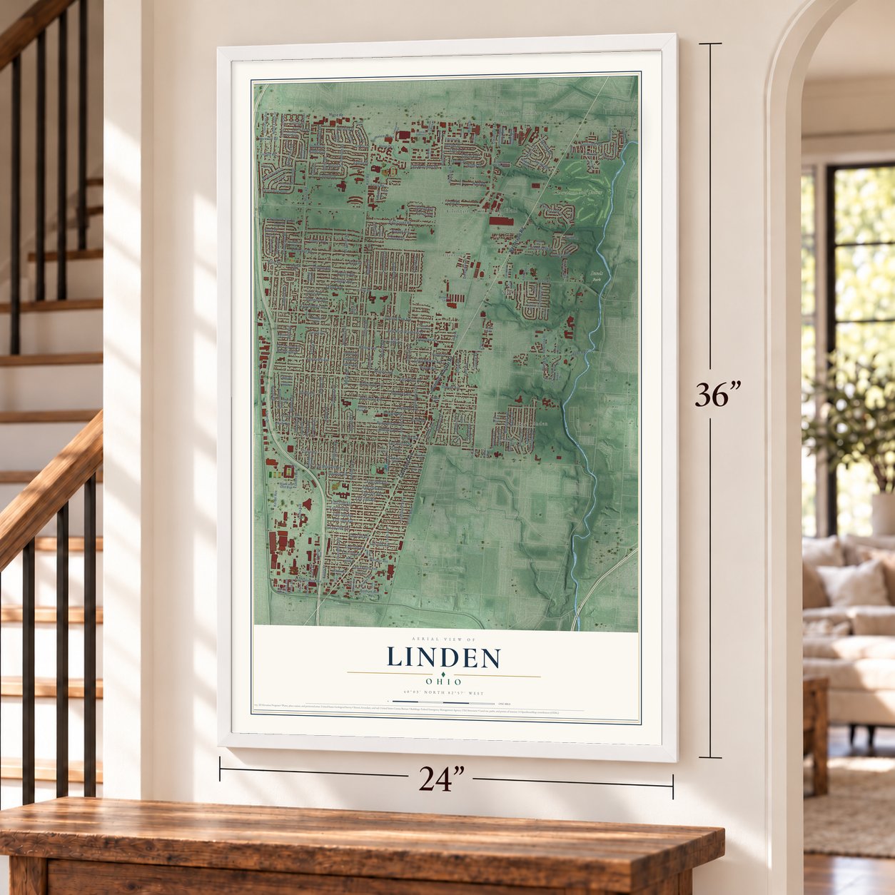 Linden, Ohio map, 24 x 36 inch print in a white frame by a staircase