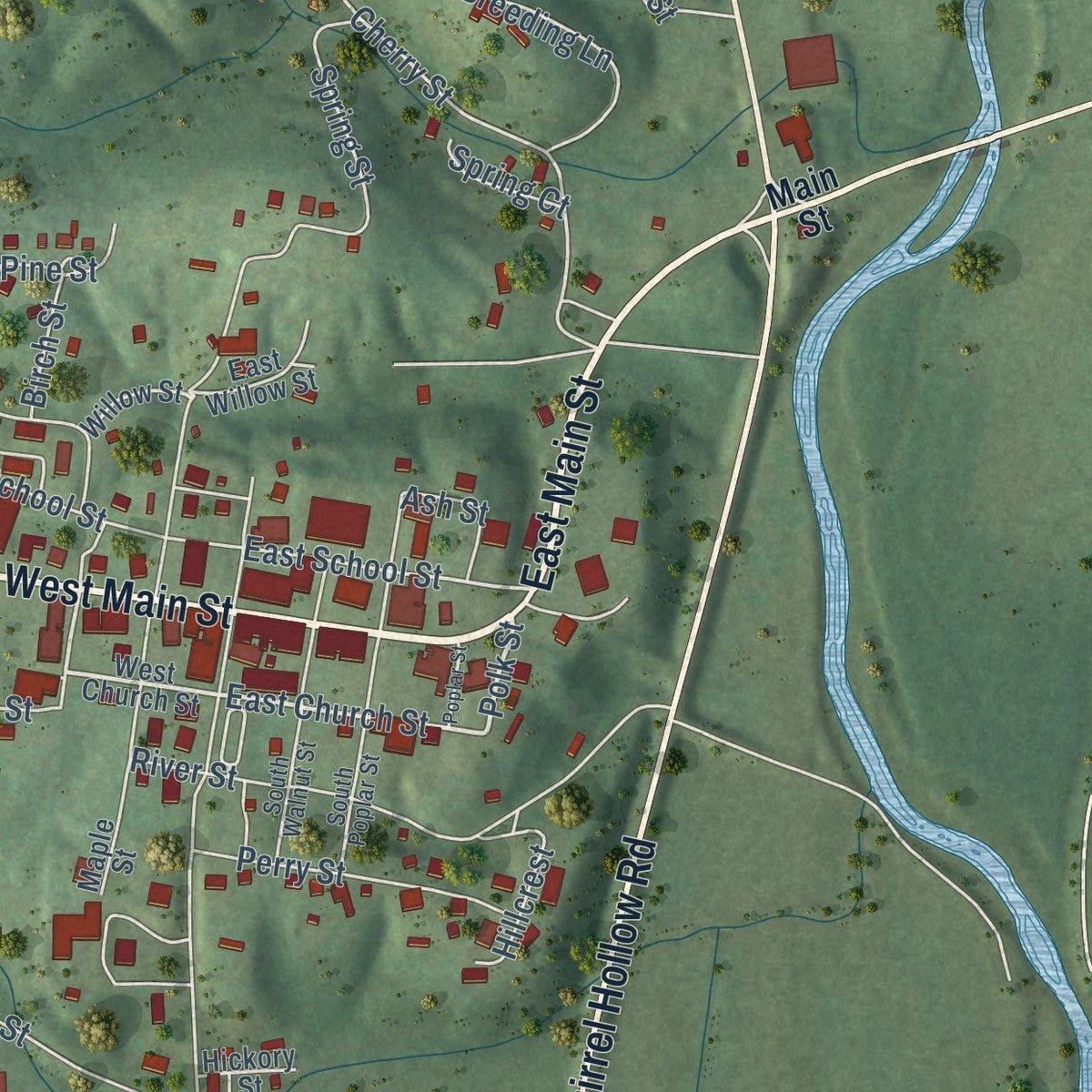 Second close-up of the map of Linden, Tennessee print showing more streets and buildings