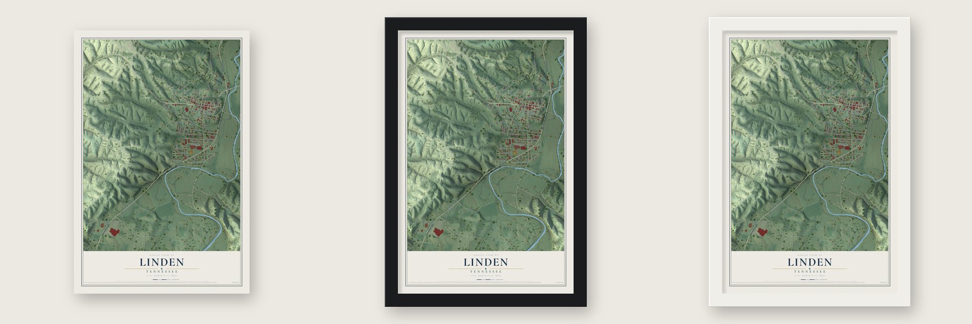 Linden, Tennessee map unframed, in a black wood frame and in a white wood frame