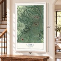 Linden, Tennessee map, 24 x 36 inch print in a white frame by a staircase