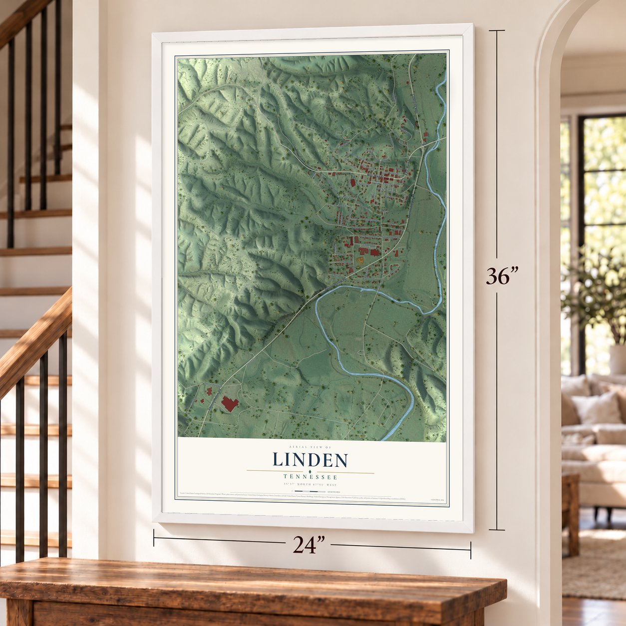 Linden, Tennessee map, 24 x 36 inch print in a white frame by a staircase