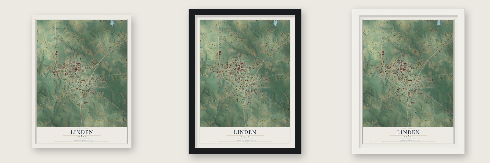 Linden, Texas map unframed, in a black wood frame and in a white wood frame