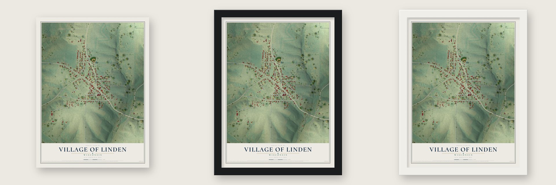 Linden, Wisconsin map unframed, in a black wood frame and in a white wood frame