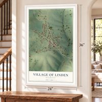 Linden, Wisconsin map, 24 x 36 inch print in a white frame by a staircase