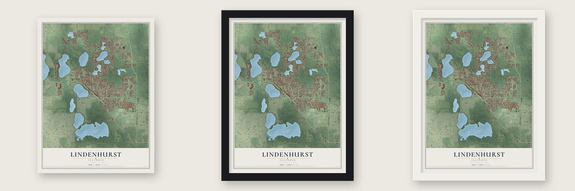 Lindenhurst, Illinois map unframed, in a black wood frame and in a white wood frame