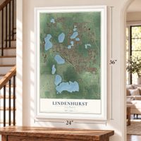 Lindenhurst, Illinois map, 24 x 36 inch print in a white frame by a staircase