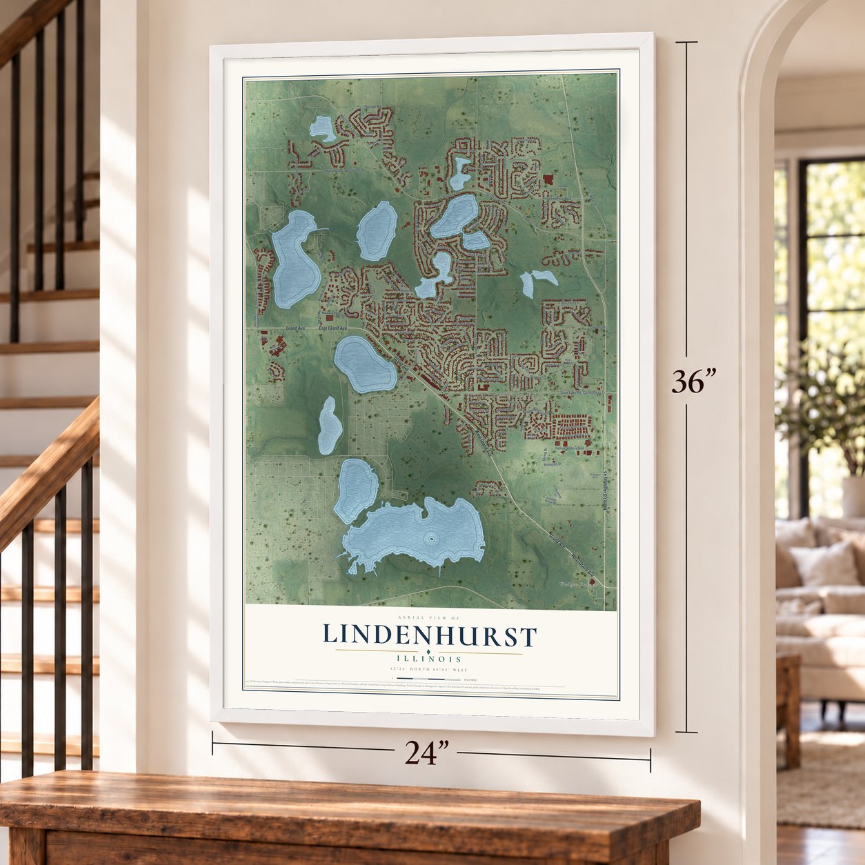Lindenhurst, Illinois map, 24 x 36 inch print in a white frame by a staircase