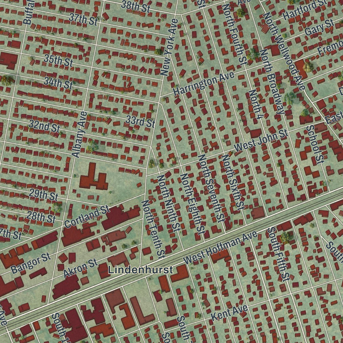 Second close-up of the map of Lindenhurst, New York print showing more streets and buildings