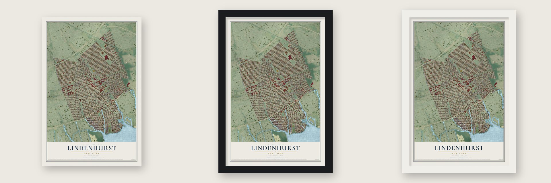 Lindenhurst, New York map unframed, in a black wood frame and in a white wood frame