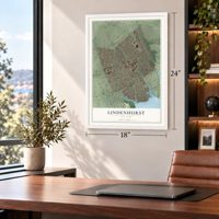 Lindenhurst, New York map, 18 x 24 inch print in a white frame in a home office