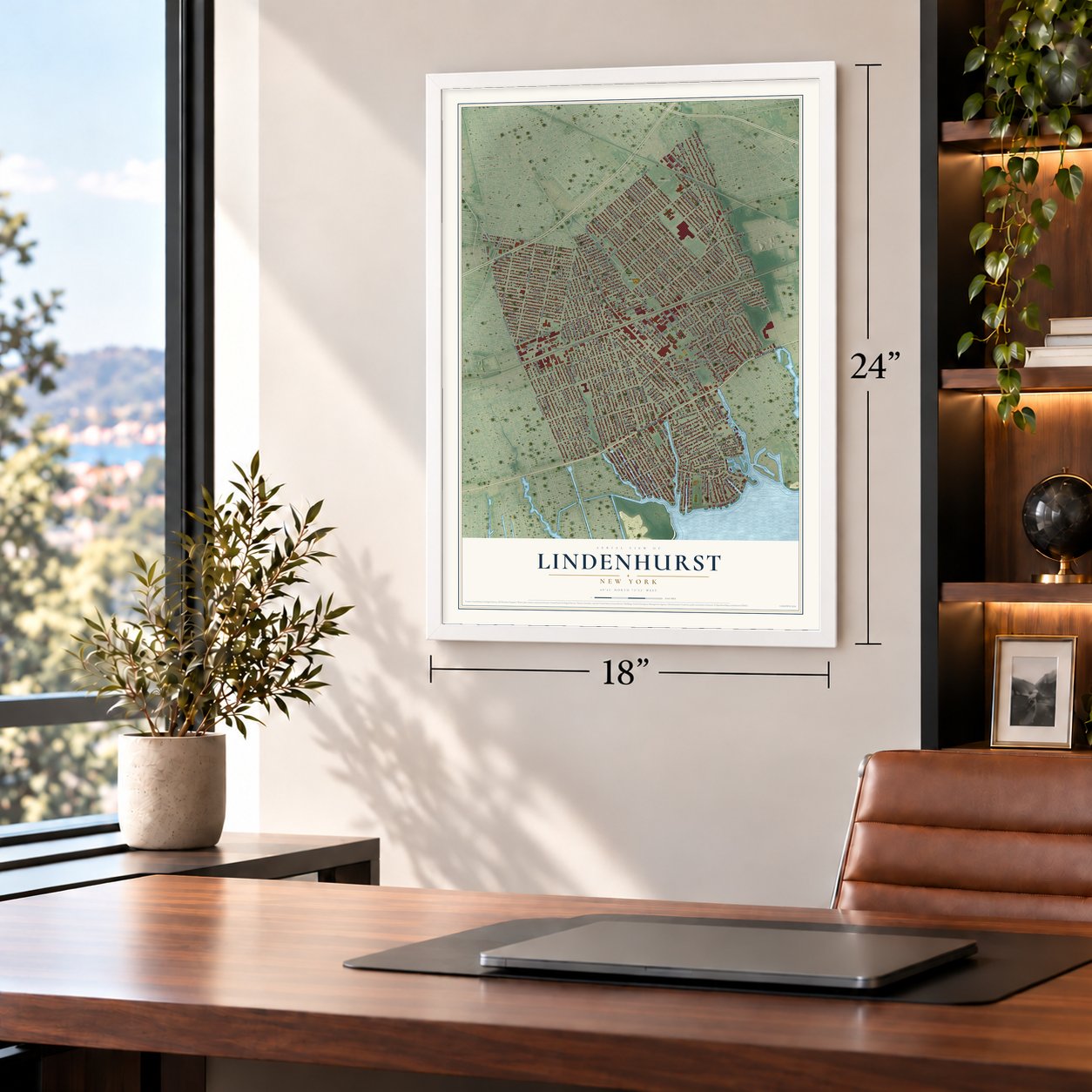 Lindenhurst, New York map, 18 x 24 inch print in a white frame in a home office