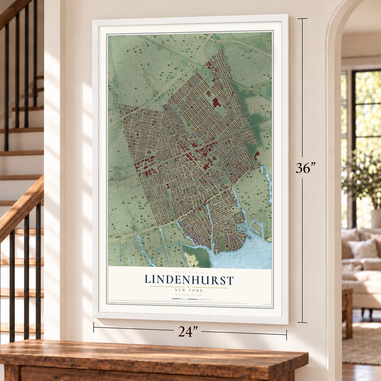 Lindenhurst, New York map, 24 x 36 inch print in a white frame by a staircase