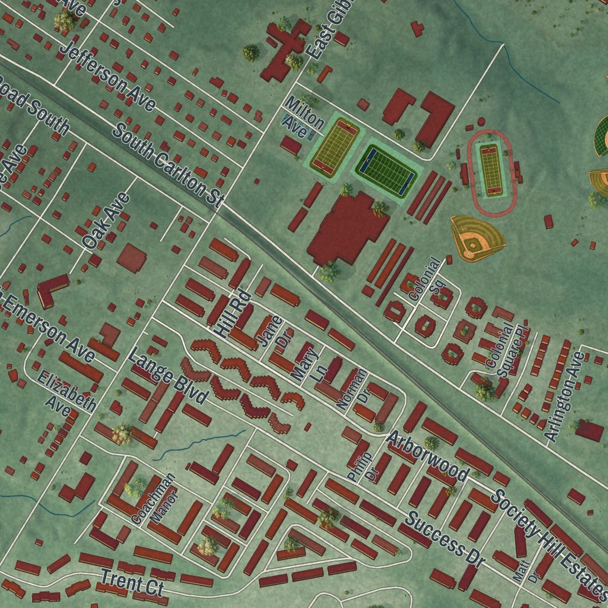 Second close-up of the map of Lindenwold, New Jersey print showing more streets and buildings