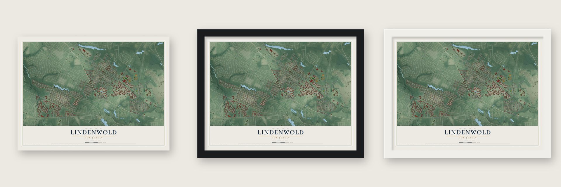 Lindenwold, New Jersey map unframed, in a black wood frame and in a white wood frame