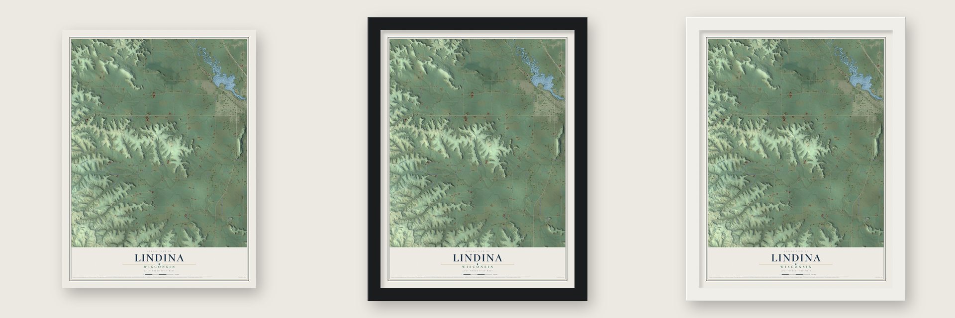 Lindina, Wisconsin map unframed, in a black wood frame and in a white wood frame