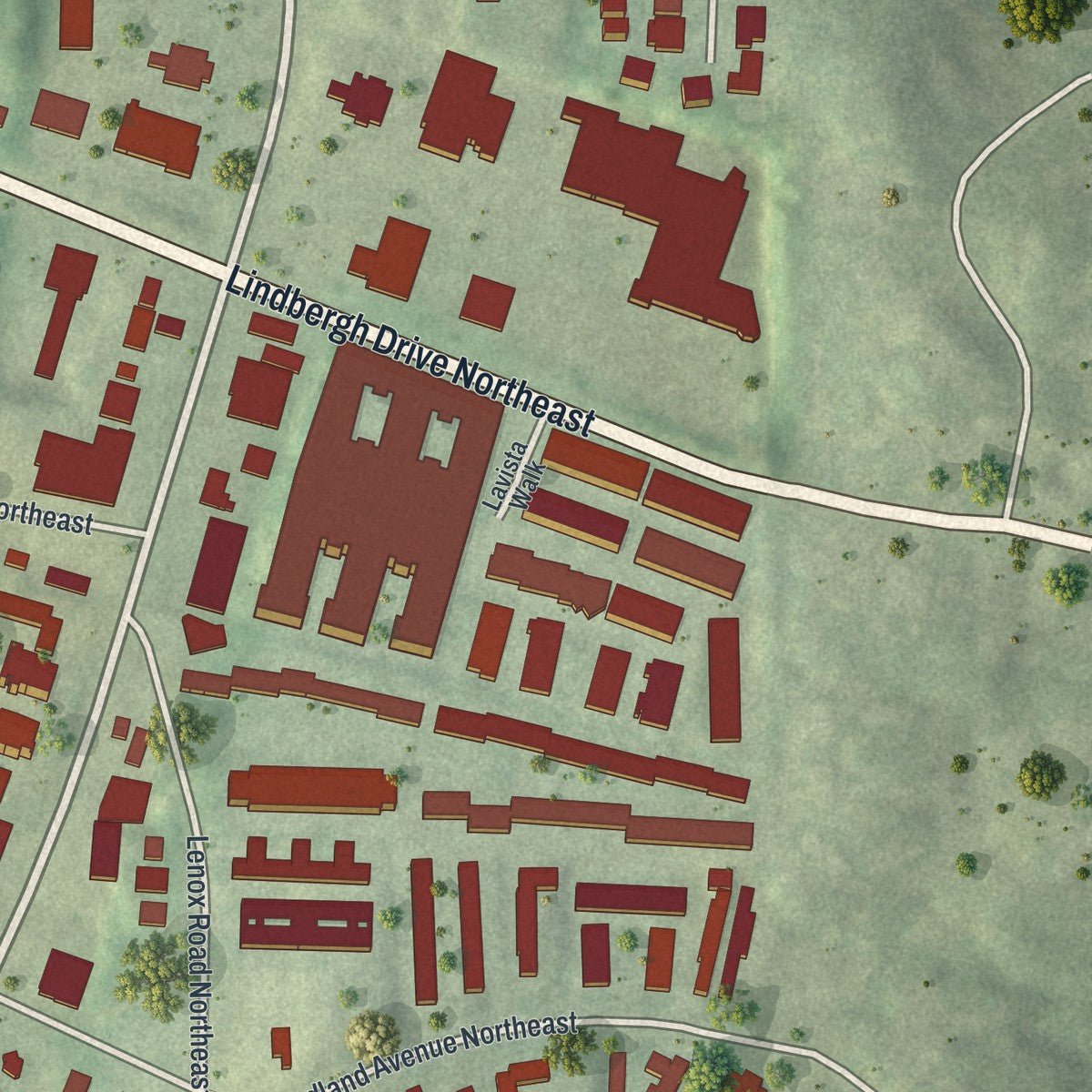 Second close-up of the map of Lindridge-Martin Manor, Georgia print showing more streets and buildings