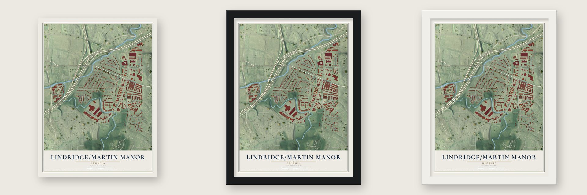 Lindridge-Martin Manor, Georgia map unframed, in a black wood frame and in a white wood frame