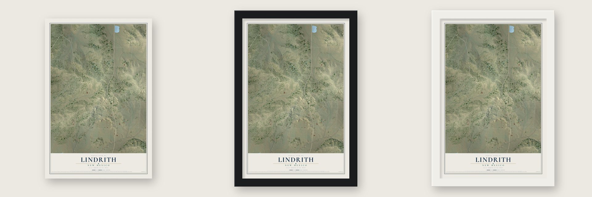 Lindrith, New Mexico map unframed, in a black wood frame and in a white wood frame