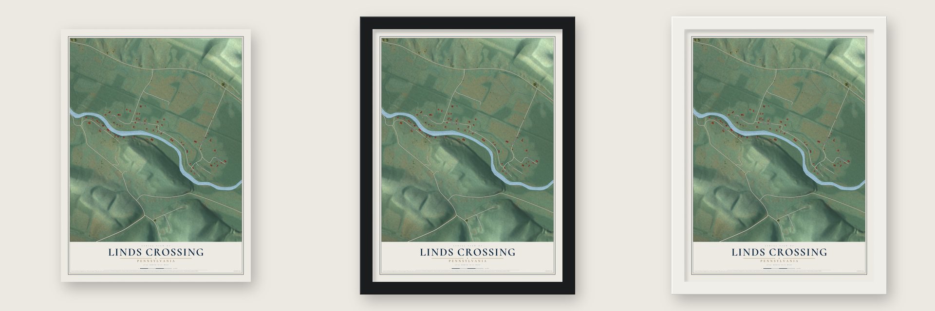 Linds Crossing, Pennsylvania map unframed, in a black wood frame and in a white wood frame