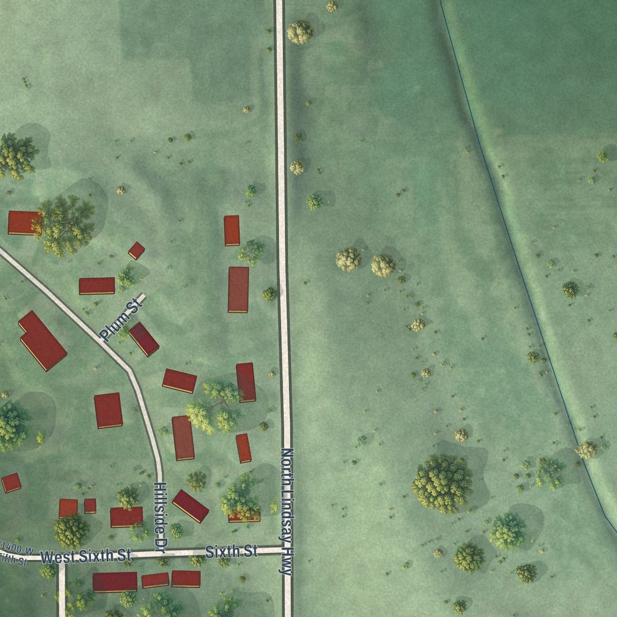 Second close-up of the map of Lindsay, Nebraska print showing more streets and buildings
