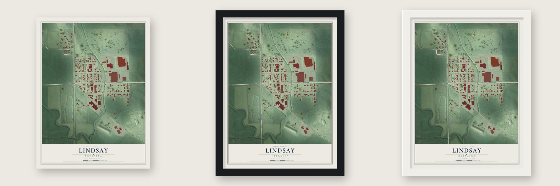 Lindsay, Nebraska map unframed, in a black wood frame and in a white wood frame