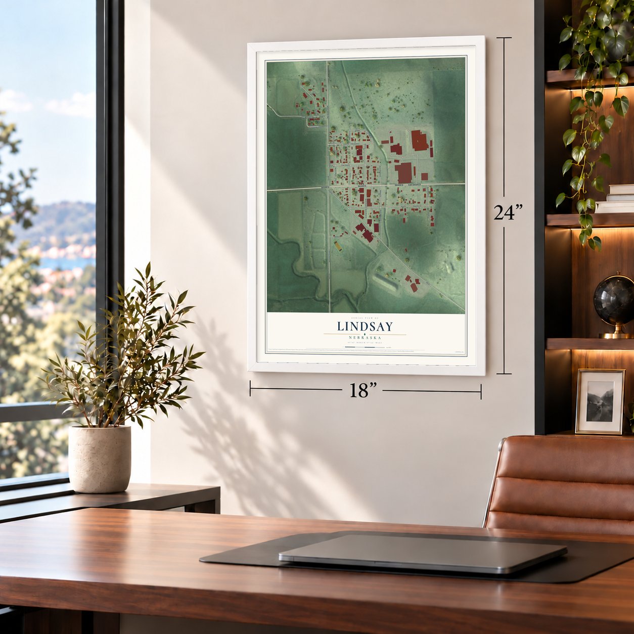 Lindsay, Nebraska map, 18 x 24 inch print in a white frame in a home office