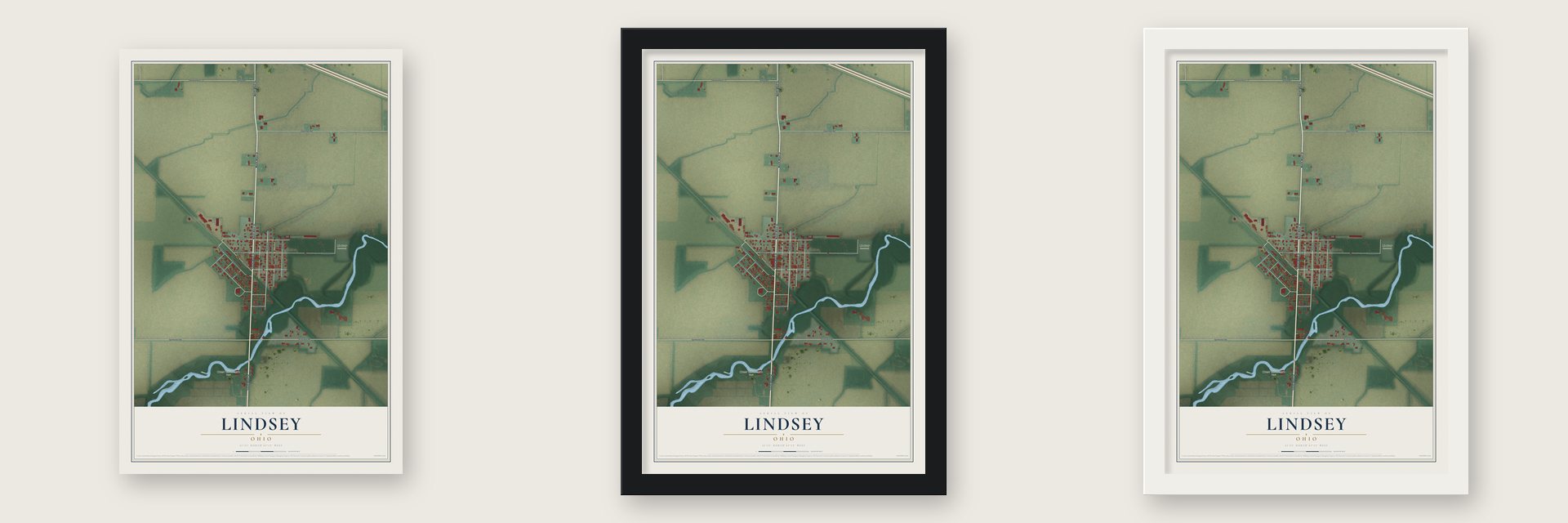 Lindsey, Ohio map unframed, in a black wood frame and in a white wood frame