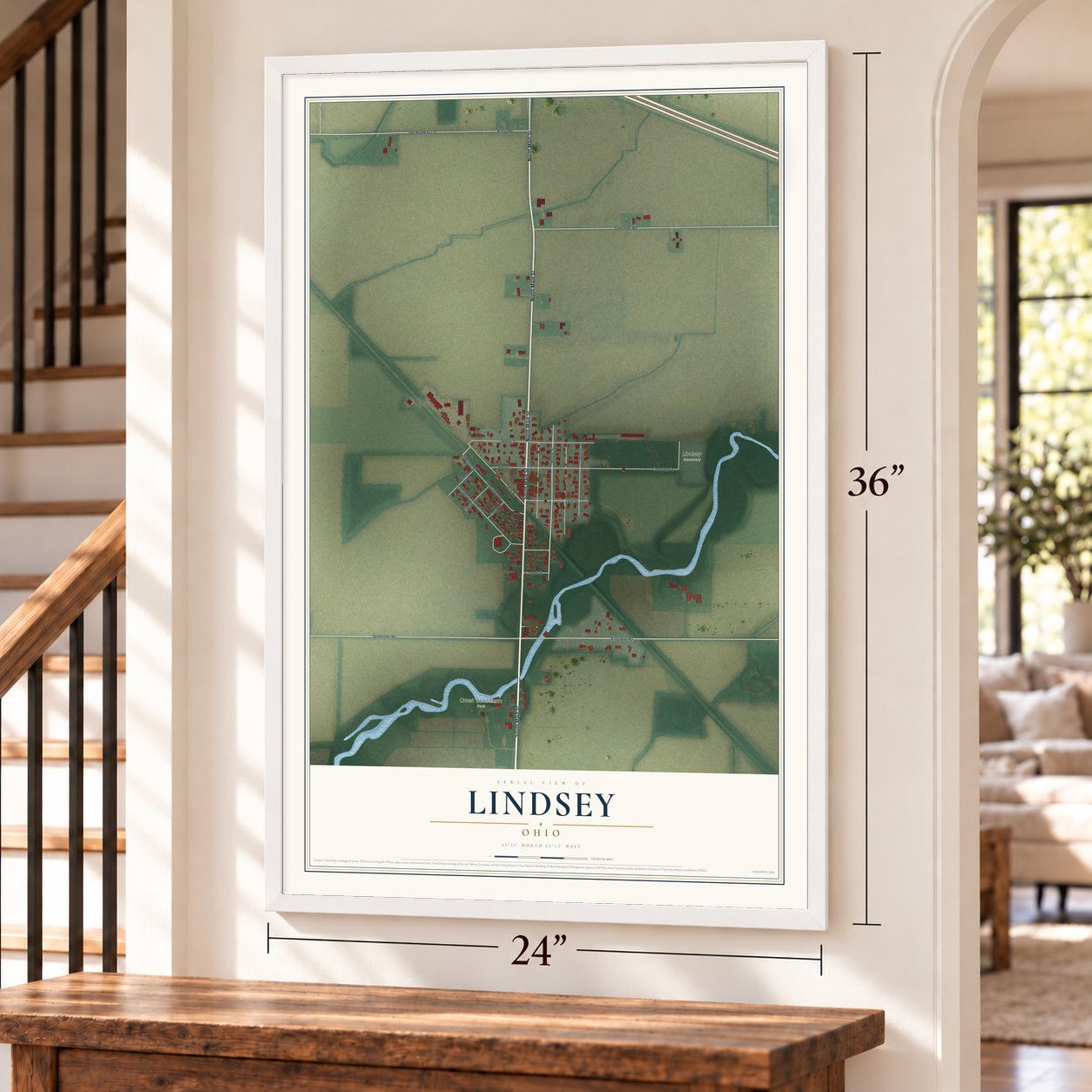 Lindsey, Ohio map, 24 x 36 inch print in a white frame by a staircase