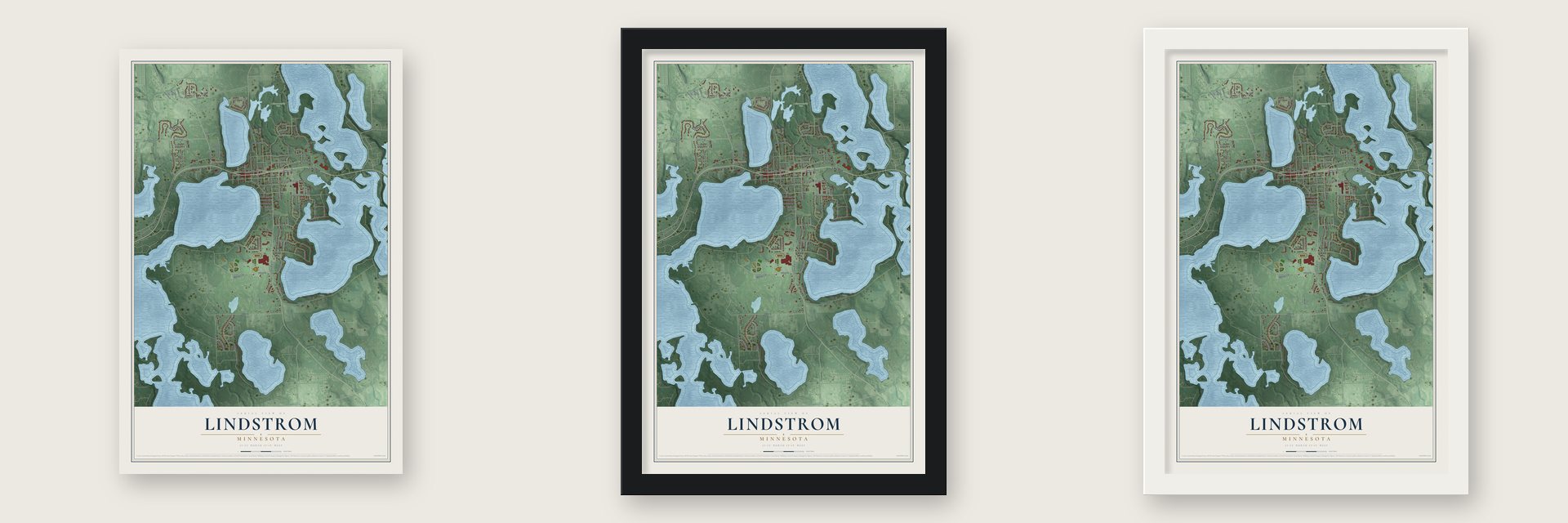 Lindstrom, Minnesota map unframed, in a black wood frame and in a white wood frame