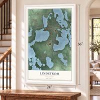 Lindstrom, Minnesota map, 24 x 36 inch print in a white frame by a staircase