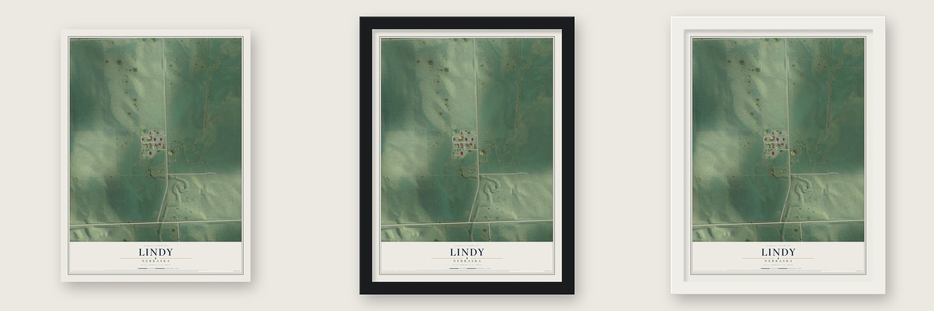 Lindy, Nebraska map unframed, in a black wood frame and in a white wood frame