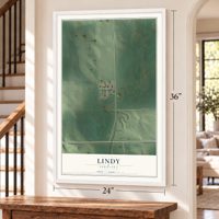 Lindy, Nebraska map, 24 x 36 inch print in a white frame by a staircase