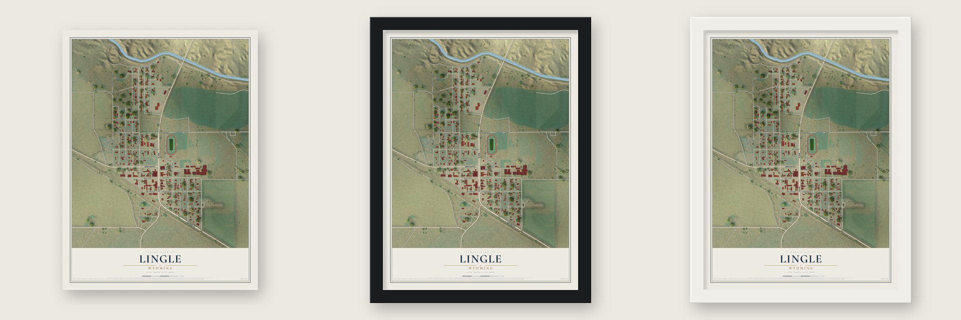Lingle, Wyoming map unframed, in a black wood frame and in a white wood frame