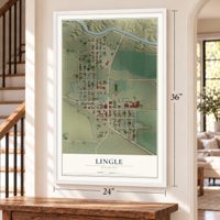 Lingle, Wyoming map, 24 x 36 inch print in a white frame by a staircase