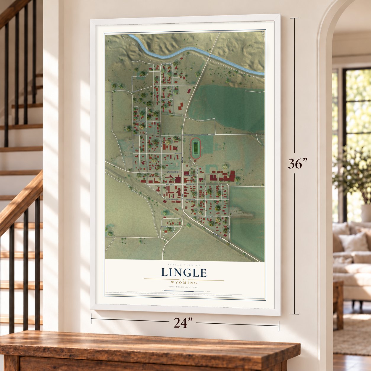 Lingle, Wyoming map, 24 x 36 inch print in a white frame by a staircase