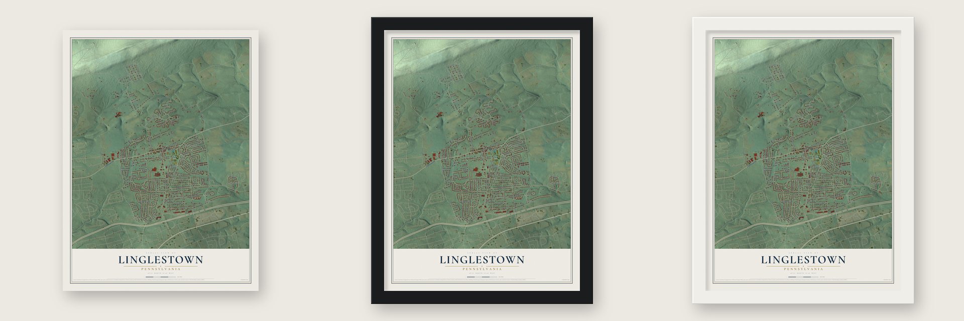 Linglestown, Pennsylvania map unframed, in a black wood frame and in a white wood frame