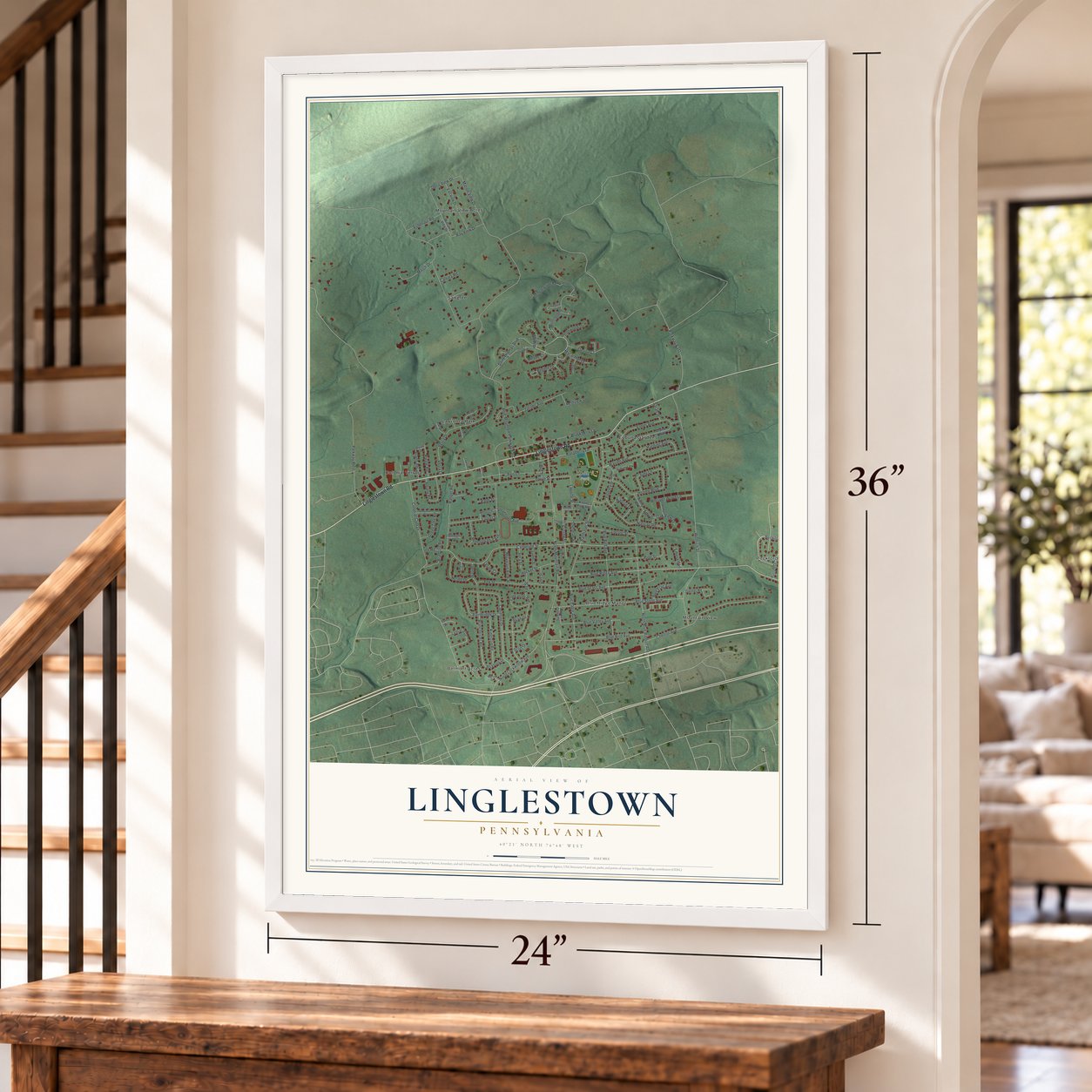 Linglestown, Pennsylvania map, 24 x 36 inch print in a white frame by a staircase