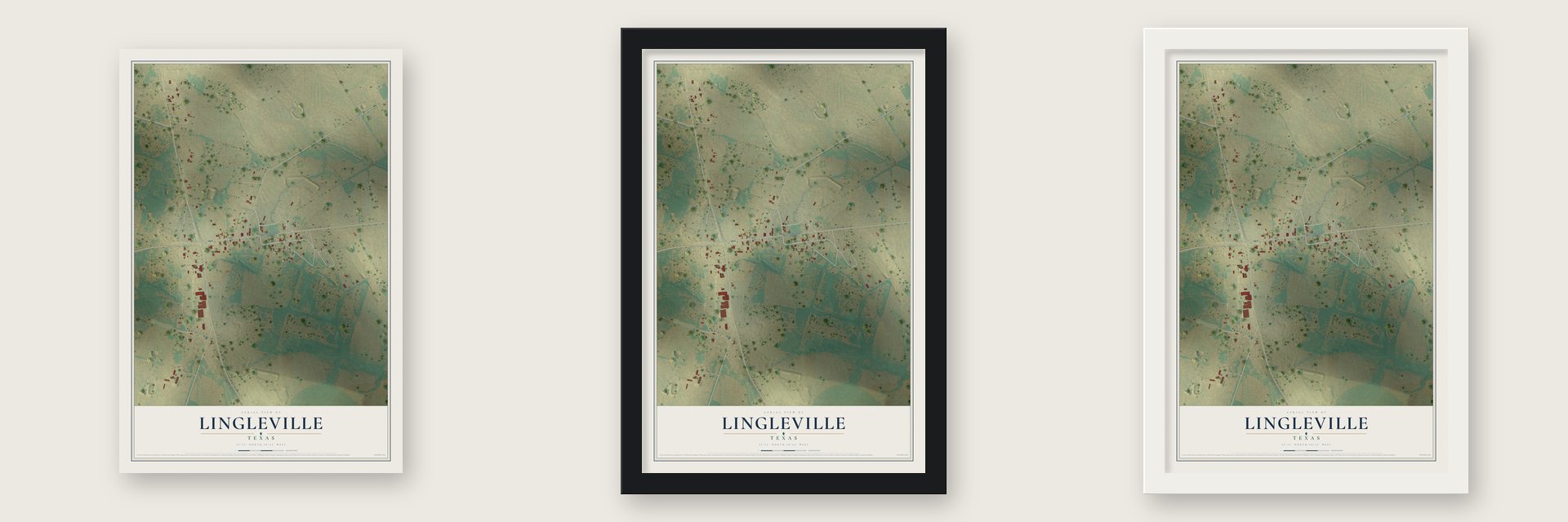 Lingleville, Texas map unframed, in a black wood frame and in a white wood frame