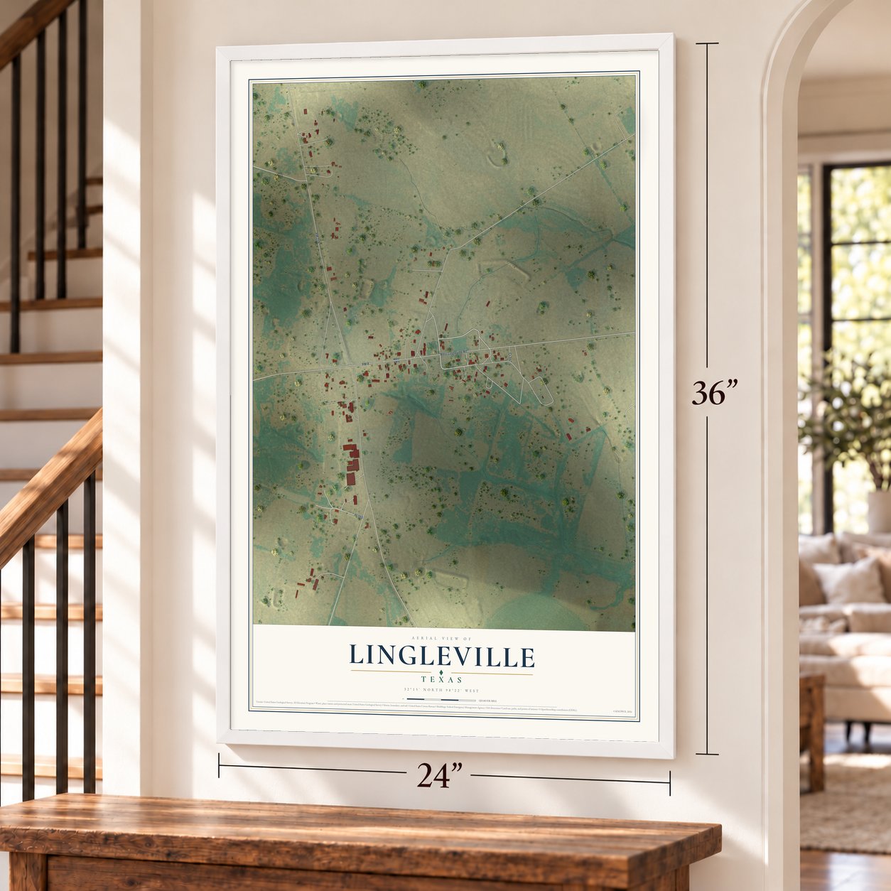 Lingleville, Texas map, 24 x 36 inch print in a white frame by a staircase