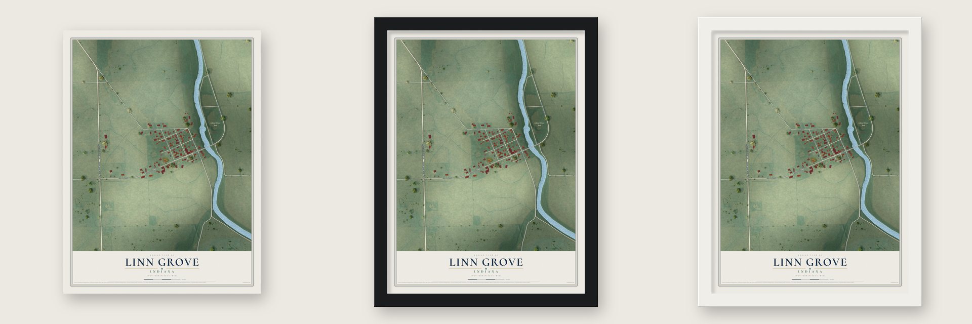 Linn Grove, Indiana map unframed, in a black wood frame and in a white wood frame