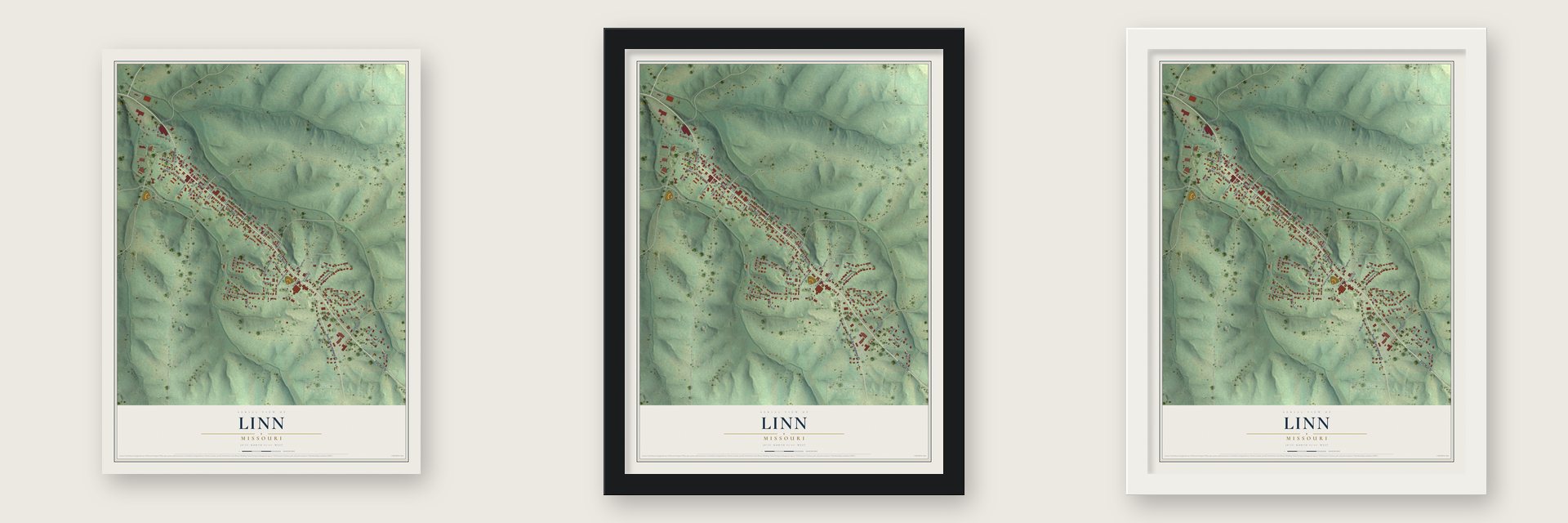 Linn, Missouri map unframed, in a black wood frame and in a white wood frame